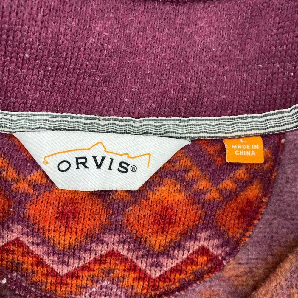 Orvis Quarter 1/4 Zip Fleece Mens Large Gray Purple Fair Isle Geometric Pullover